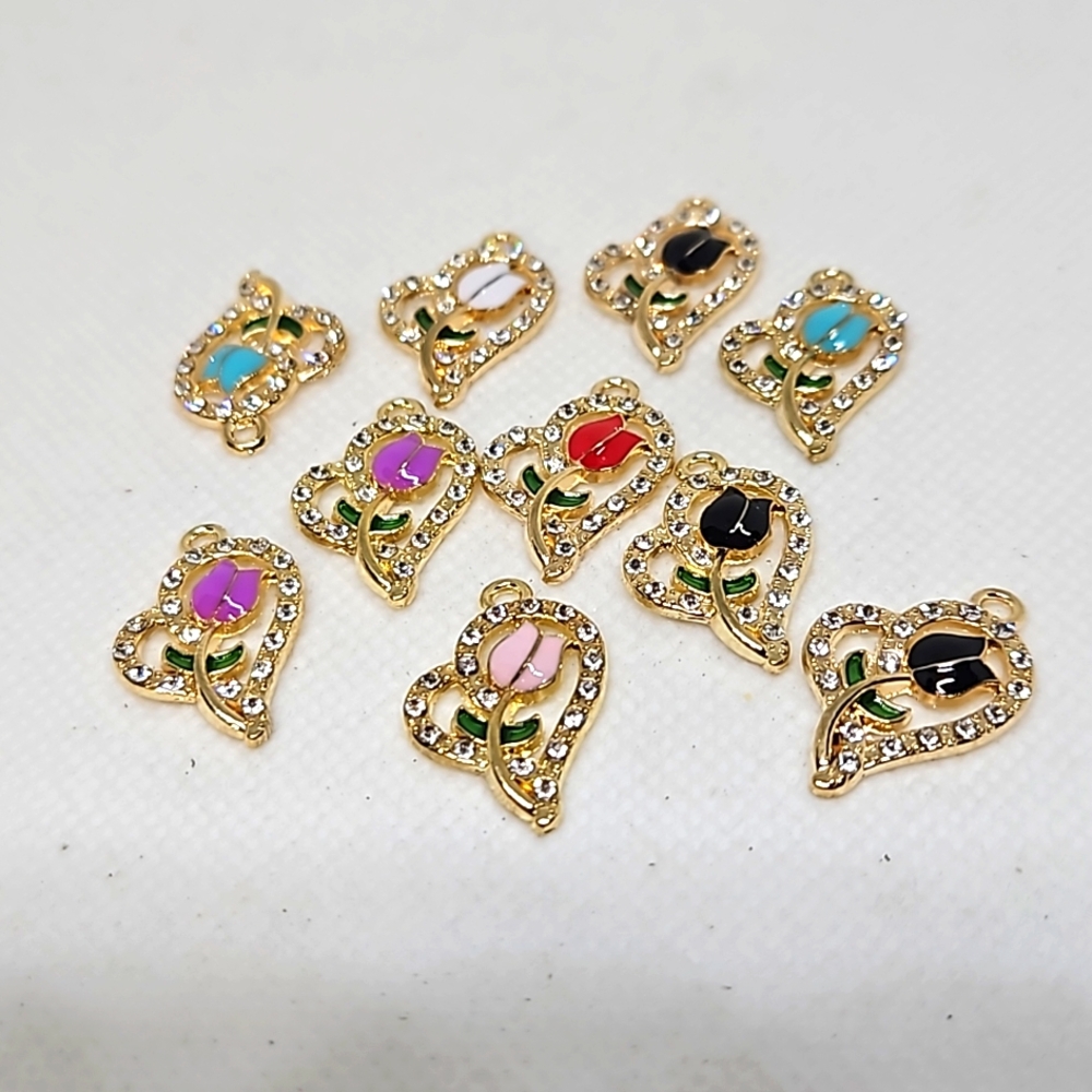Elegant Heart Pendants with Tulip and Rhinestones.